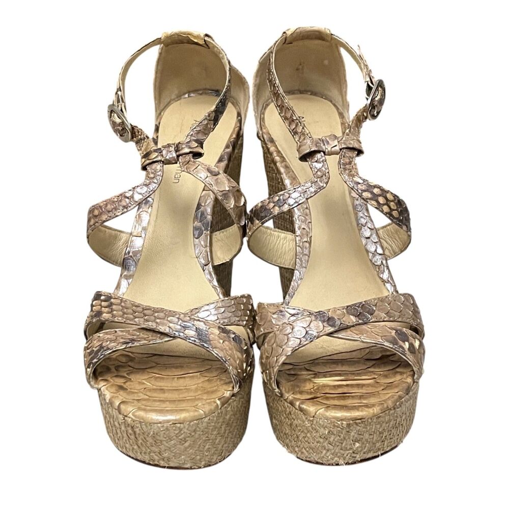 Alexandre Birman Python Skin Raffia Platform Wedge Sandals Beige Brown 7.5 - Picture 10 of 14